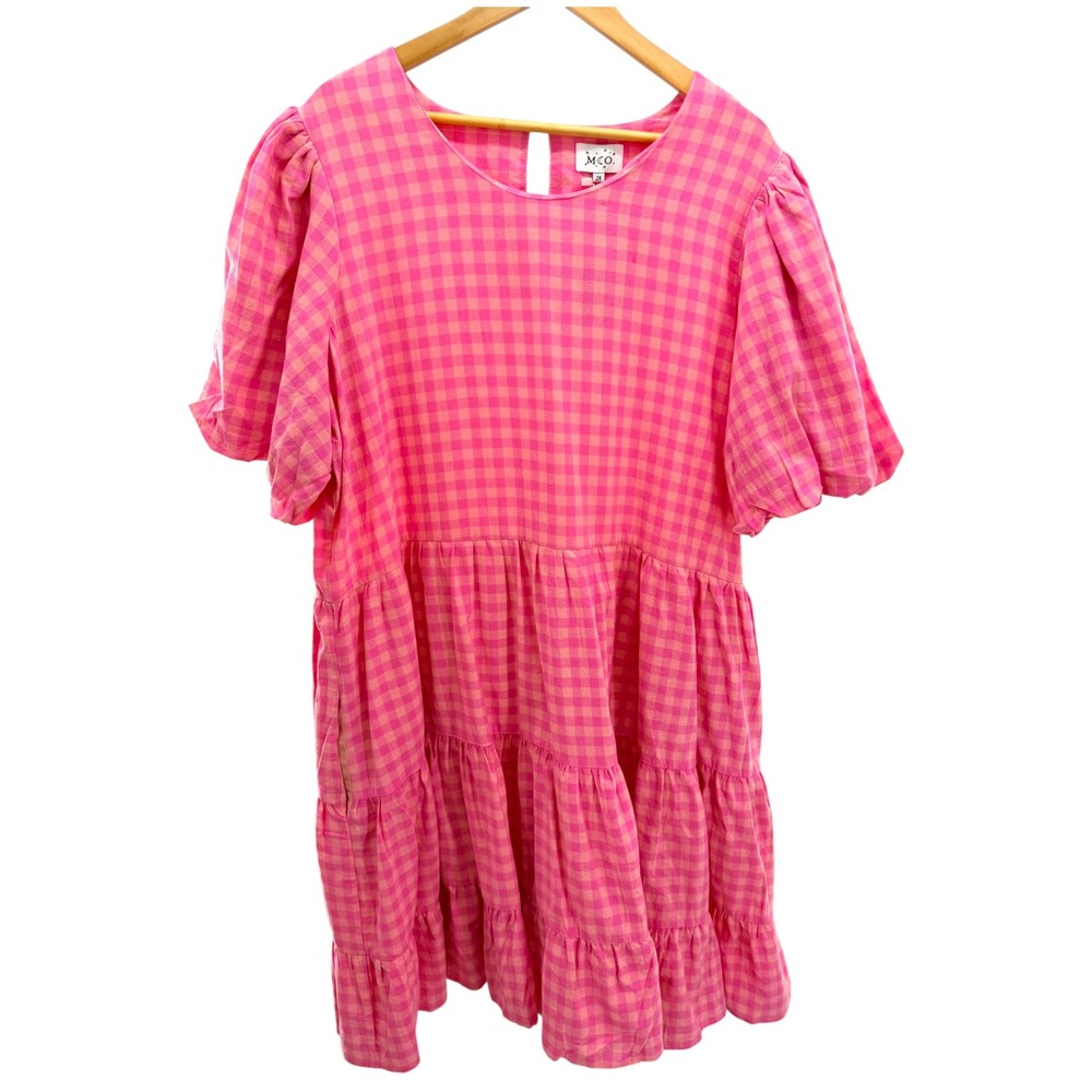 DM Fashion Pink Gingham Babydoll Dress 2X Modest Cottagecore Picnic Tiered Dress